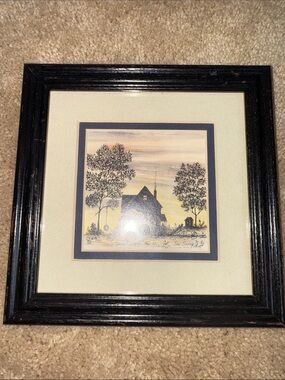Double Matted FrameSigned Print MB Mary Frey Country Folk Art Pen & Watercolor
